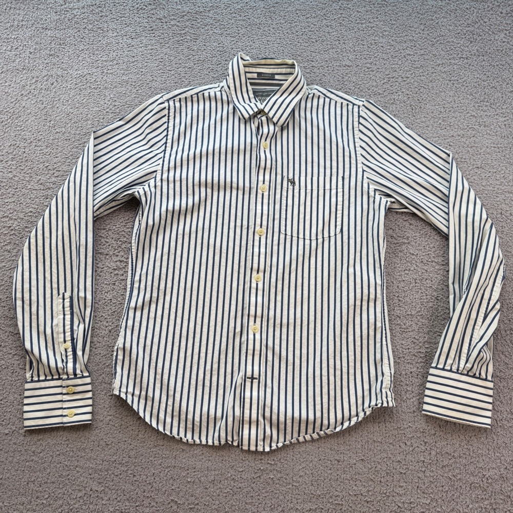 Abercrombie & Fitch Mens Muscle Fit Striped Button Down Shirt Navy White Size M